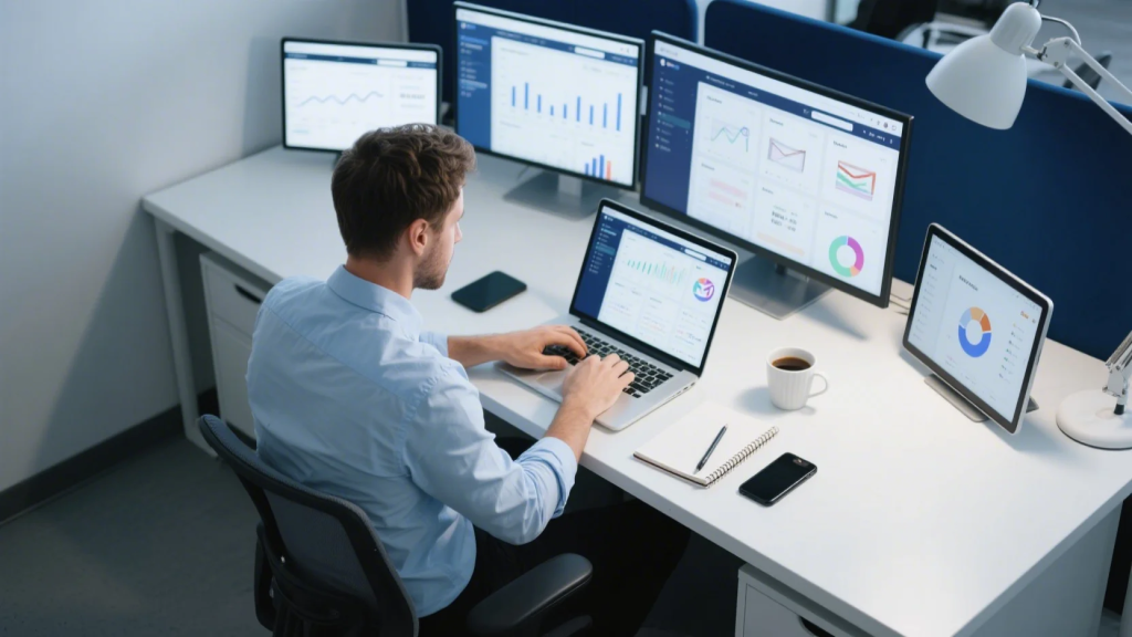 Small business owner managing digital marketing strategies on multiple devices